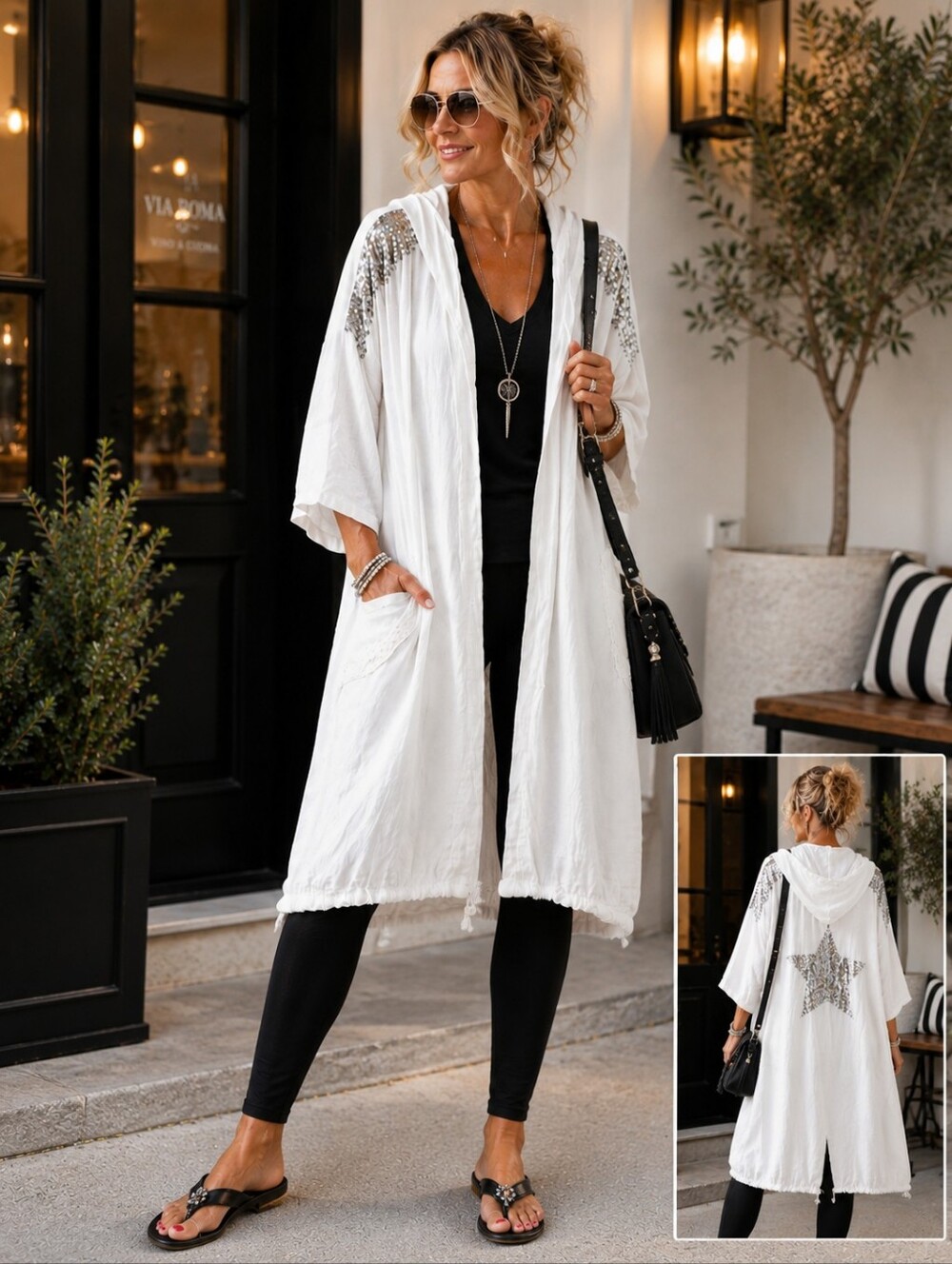 Made In Italy White Linen Hooded Sequin Star Jacket